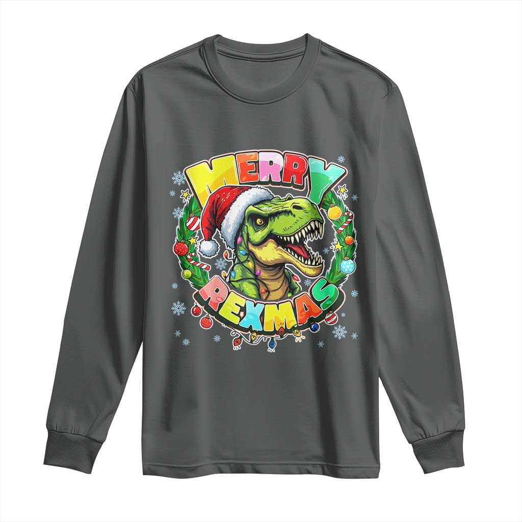 Funny Christmas Dinosaur Long Sleeve Shirt Merry Rexmas Dino Xmas Wreath TS11 Dark Heather Print Your Wear