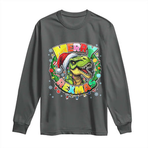Funny Christmas Dinosaur Long Sleeve Shirt Merry Rexmas Dino Xmas Wreath TS11 Dark Heather Print Your Wear