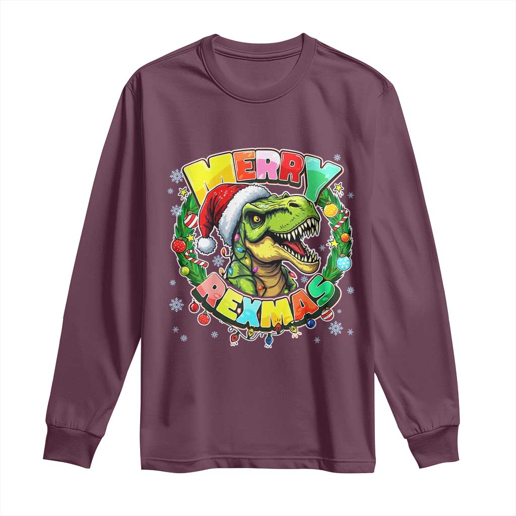 Funny Christmas Dinosaur Long Sleeve Shirt Merry Rexmas Dino Xmas Wreath TS11 Maroon Print Your Wear