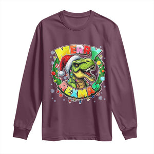 Funny Christmas Dinosaur Long Sleeve Shirt Merry Rexmas Dino Xmas Wreath TS11 Maroon Print Your Wear
