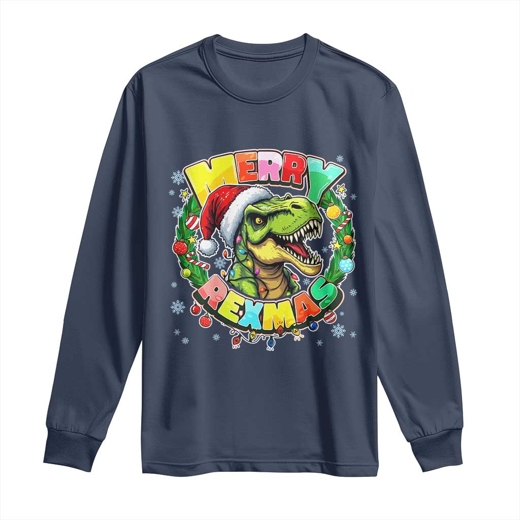 Funny Christmas Dinosaur Long Sleeve Shirt Merry Rexmas Dino Xmas Wreath TS11 Navy Print Your Wear