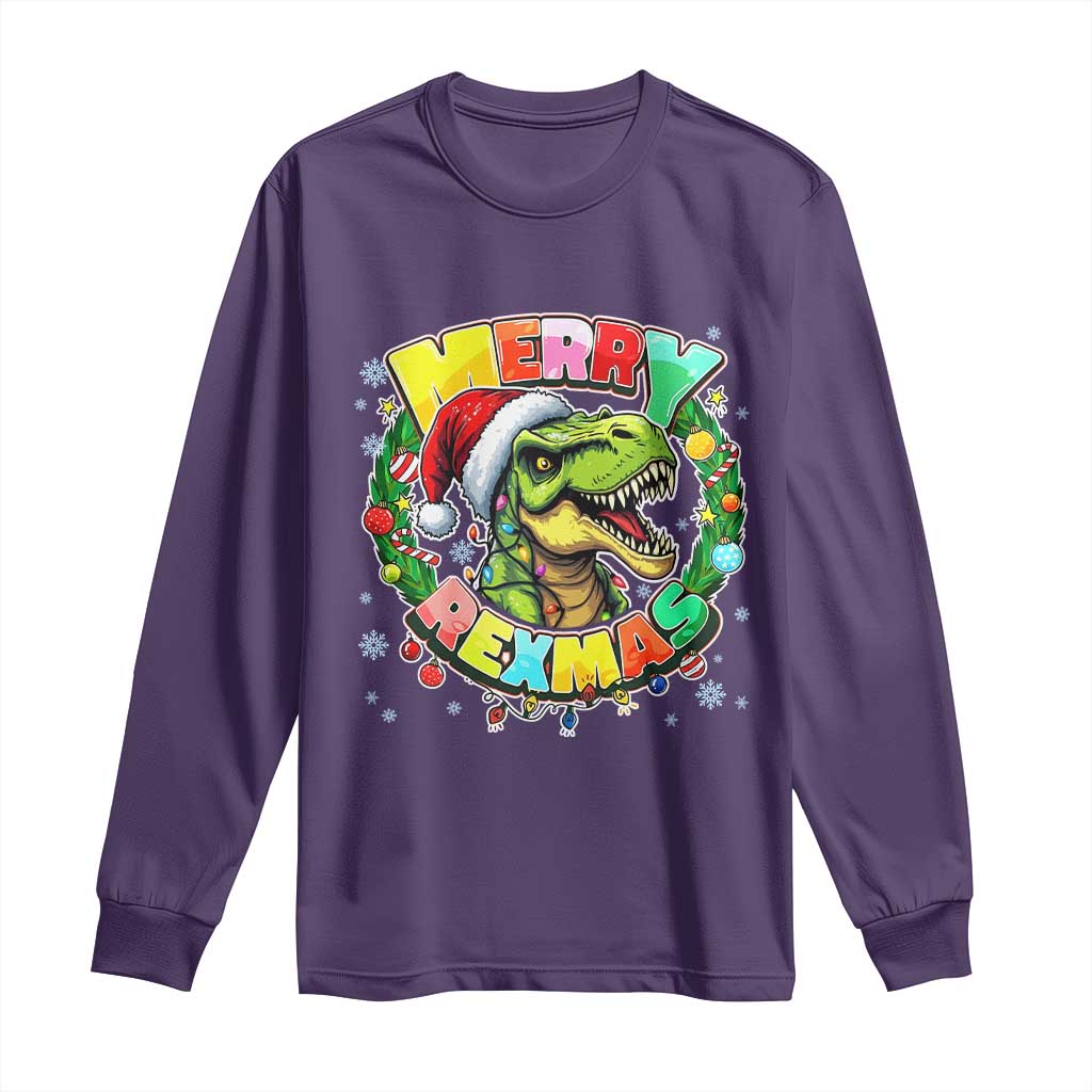 Funny Christmas Dinosaur Long Sleeve Shirt Merry Rexmas Dino Xmas Wreath TS11 Purple Print Your Wear