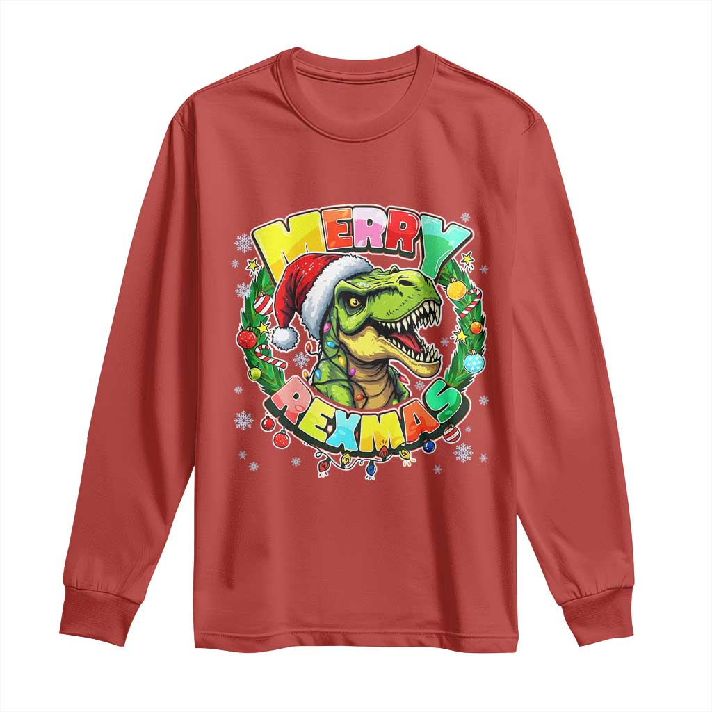 Funny Christmas Dinosaur Long Sleeve Shirt Merry Rexmas Dino Xmas Wreath TS11 Red Print Your Wear