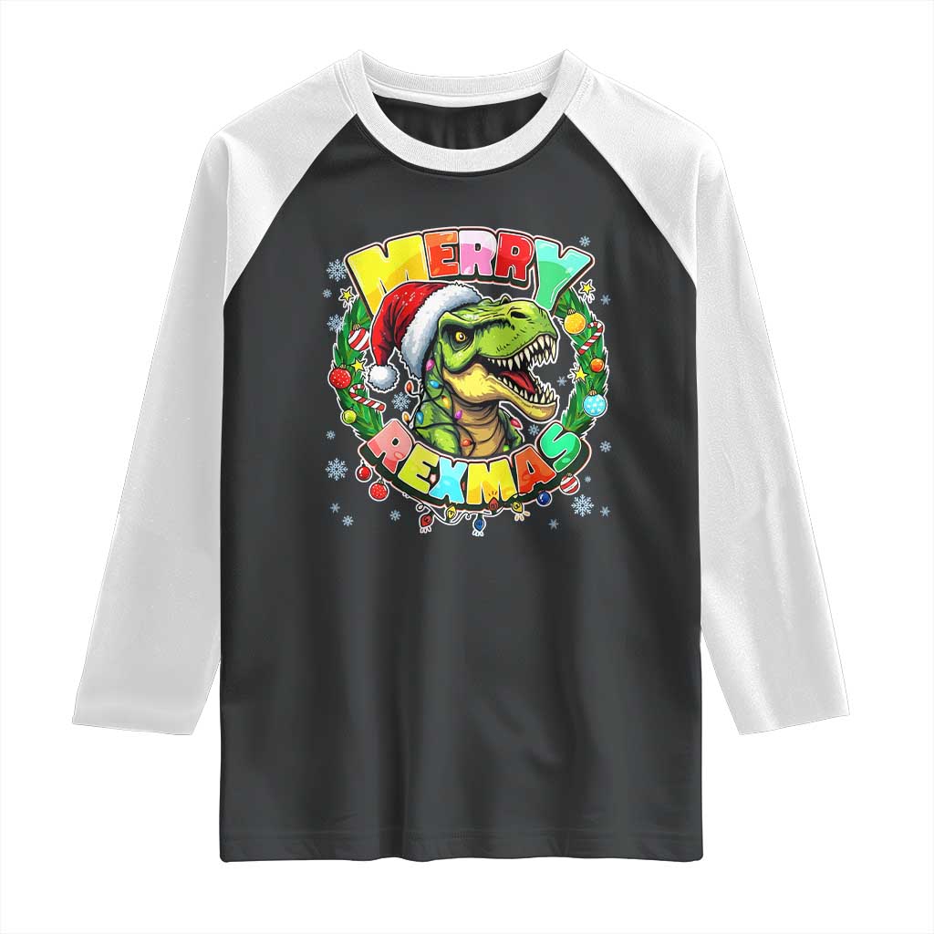 Funny Christmas Dinosaur Raglan Shirt Merry Rexmas Dino Xmas Wreath TS11 Black White Print Your Wear