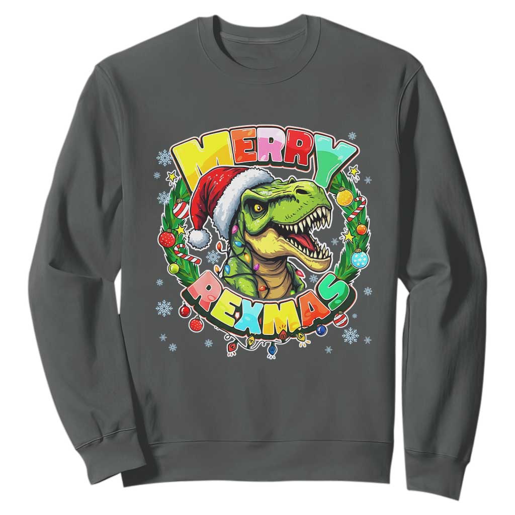 Funny Christmas Dinosaur Sweatshirt Merry Rexmas Dino Xmas Wreath TS11 Dark Heather Print Your Wear