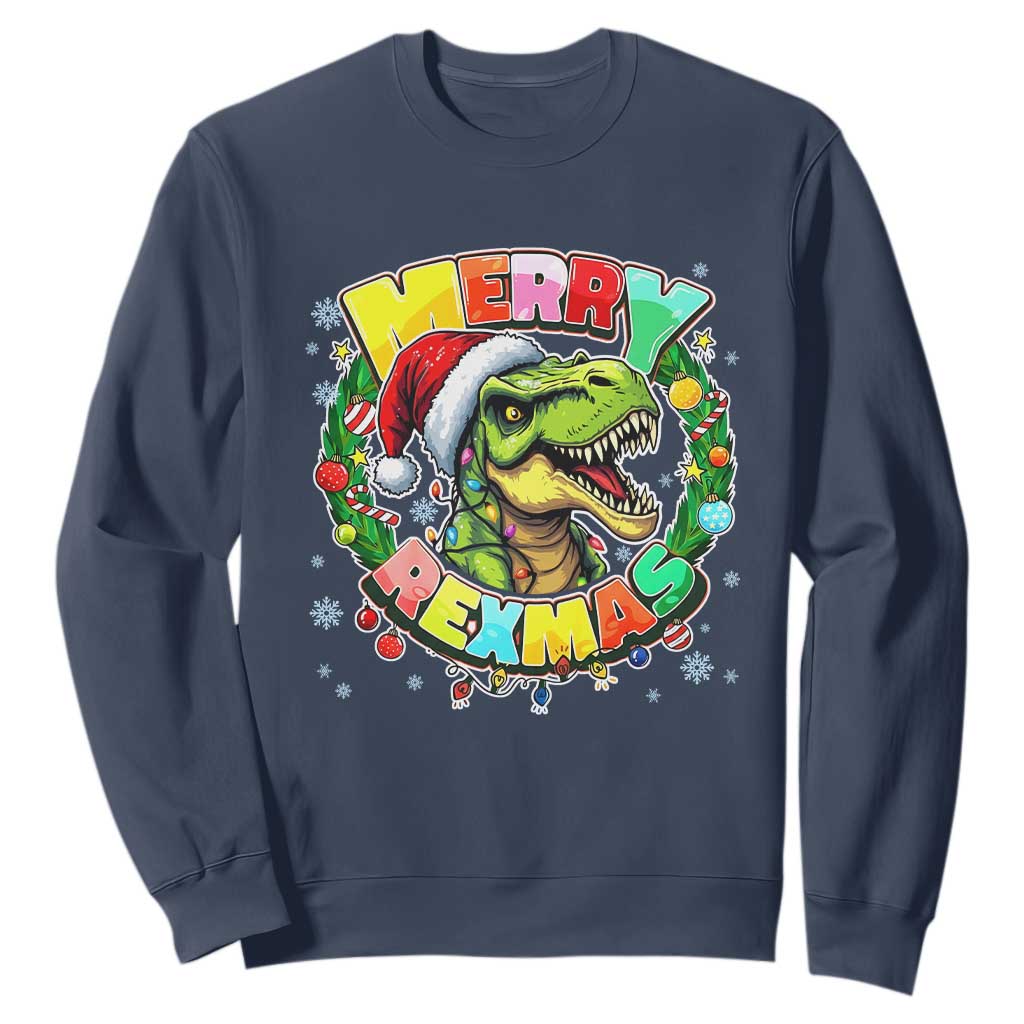 Funny Christmas Dinosaur Sweatshirt Merry Rexmas Dino Xmas Wreath TS11 Navy Print Your Wear
