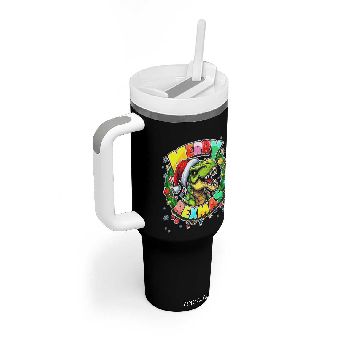 Funny Christmas Dinosaur Tumbler With Handle Merry Rexmas Dino Xmas Wreath TS11 Print Your Wear