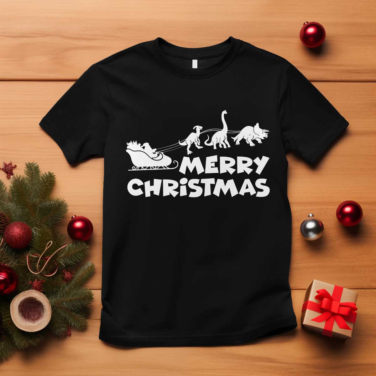 Funny Xmas Dinosaur T Shirt Merry Christmas Dino Santa's Sleigh TS11 Black Print Your Wear