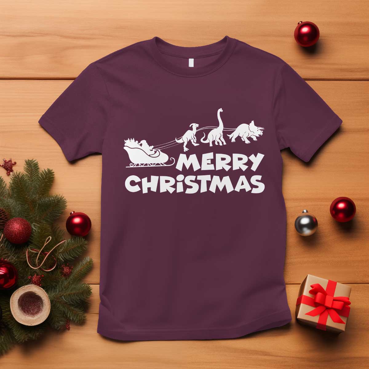 Funny Xmas Dinosaur T Shirt Merry Christmas Dino Santa's Sleigh TS11 Maroon Print Your Wear