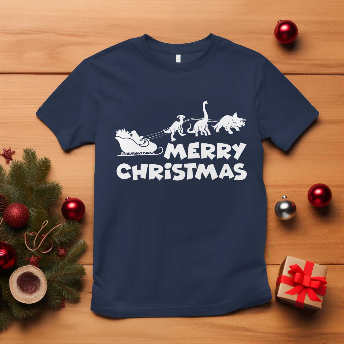 Funny Xmas Dinosaur T Shirt Merry Christmas Dino Santa's Sleigh TS11 Navy Print Your Wear