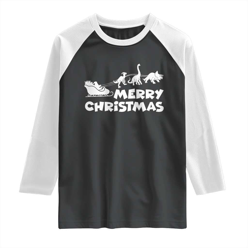 Funny Xmas Dinosaur Raglan Shirt Merry Christmas Dino Santa's Sleigh TS11 Black White Print Your Wear