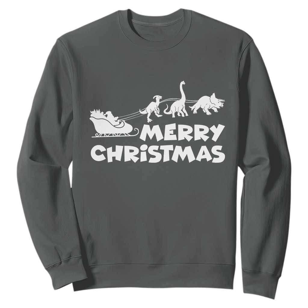 Funny Xmas Dinosaur Sweatshirt Merry Christmas Dino Santa's Sleigh TS11 Dark Heather Print Your Wear