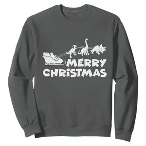 Funny Xmas Dinosaur Sweatshirt Merry Christmas Dino Santa's Sleigh TS11 Dark Heather Print Your Wear