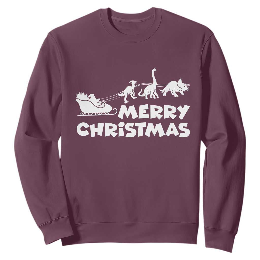 Funny Xmas Dinosaur Sweatshirt Merry Christmas Dino Santa's Sleigh TS11 Maroon Print Your Wear
