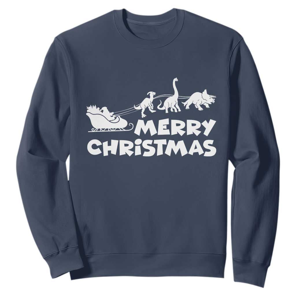 Funny Xmas Dinosaur Sweatshirt Merry Christmas Dino Santa's Sleigh TS11 Navy Print Your Wear
