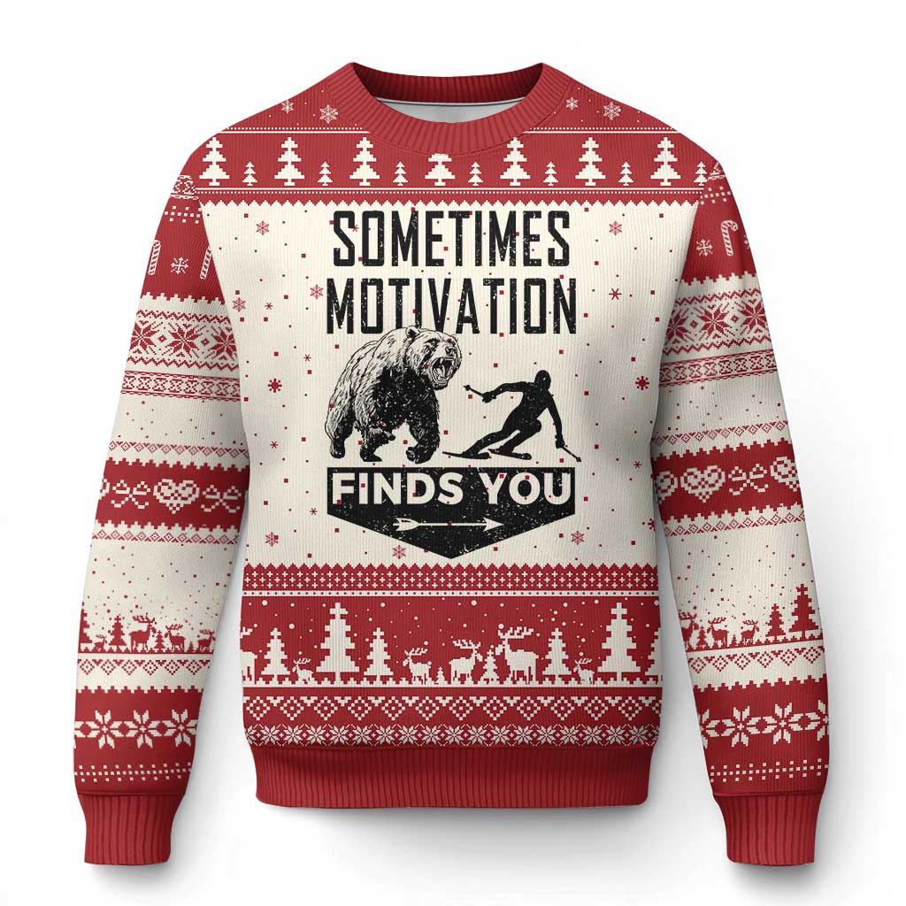 Funny Skiing Ugly Christmas Sweater Sometimes Motivation Finds You Ski Mountain Bear TS11 Beige Red Print Your Wear