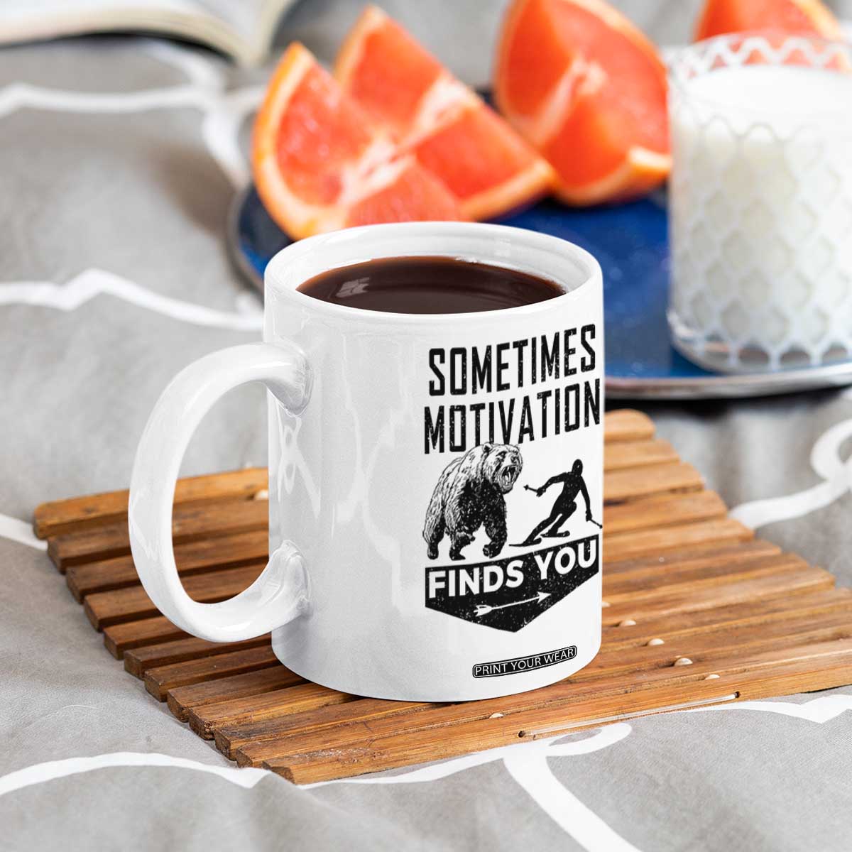 Funny Skiing Coffee Mug Sometimes Motivation Finds You Ski Mountain Bear TS11 Print Your Wear