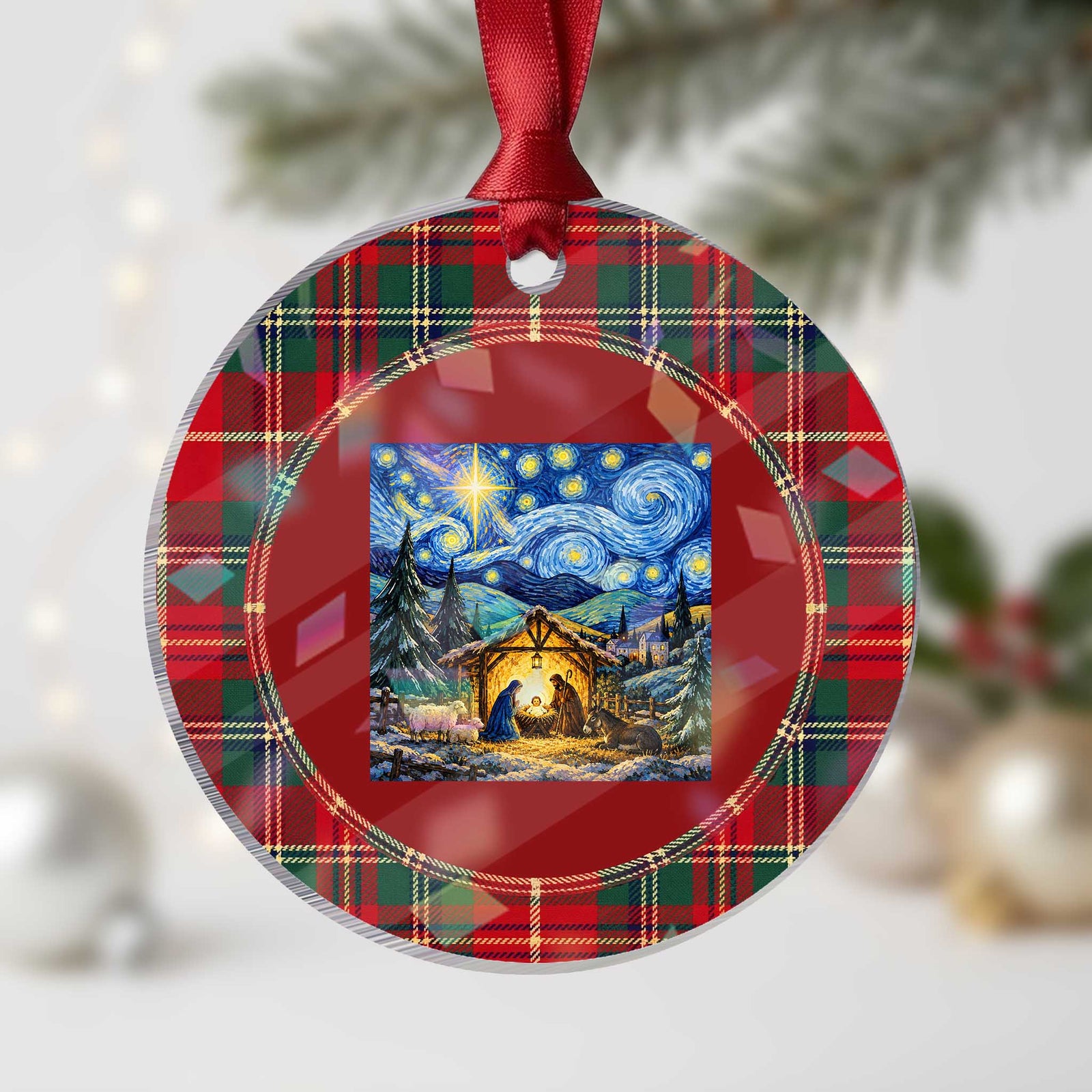 Christmas Nativity Scene Starry Night Catholic Christian Bethlehem Star Holographic Acrylic Ornament
