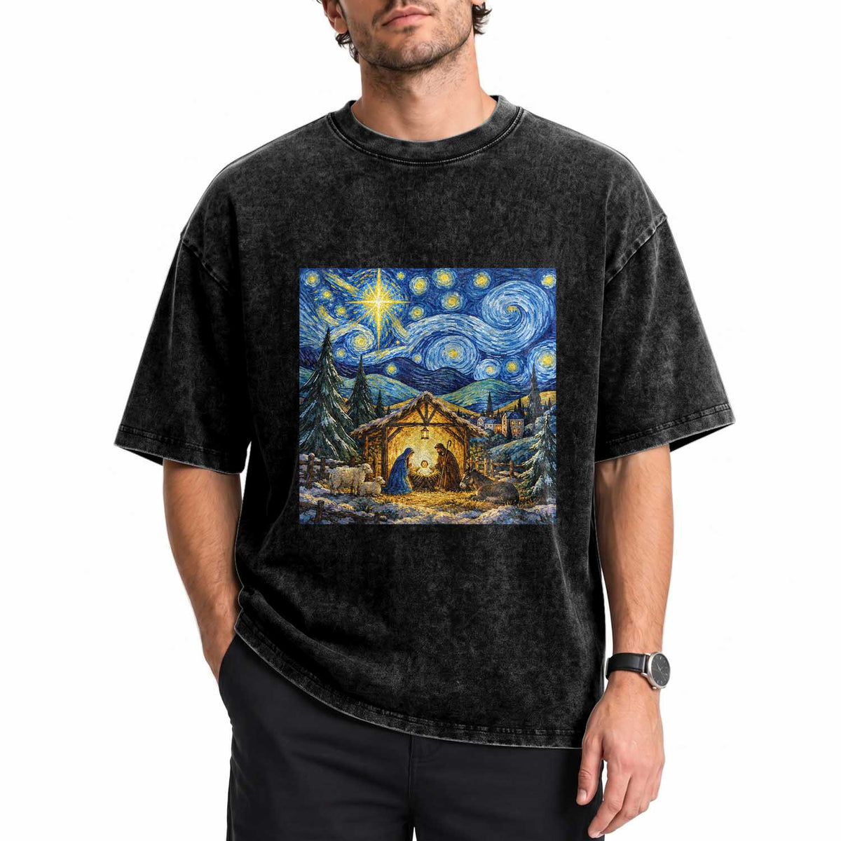 Christmas Nativity Scene Starry Night Catholic Christian Bethlehem Star Washed Cotton T-Shirt
