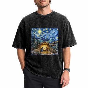 Christmas Nativity Scene Starry Night Catholic Christian Bethlehem Star Washed Cotton T-Shirt