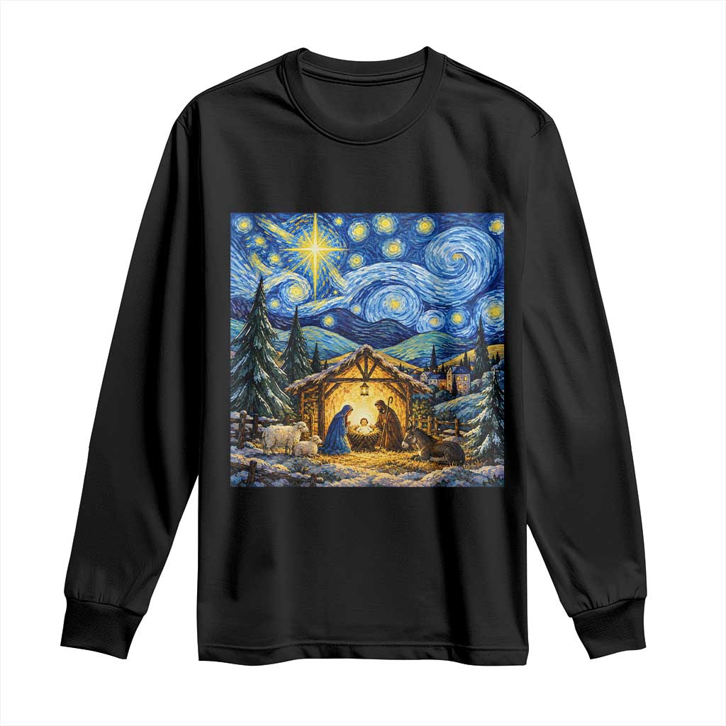 Christmas Nativity Scene Starry Night Catholic Christian Bethlehem Star Long Sleeve Shirt
