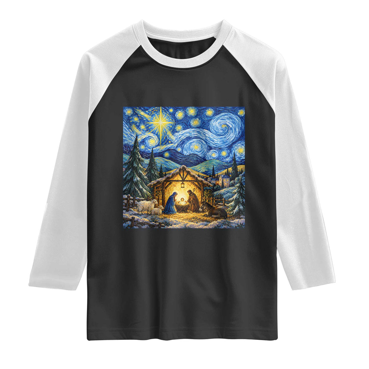 Christmas Nativity Scene Starry Night Catholic Christian Bethlehem Star Raglan Shirt
