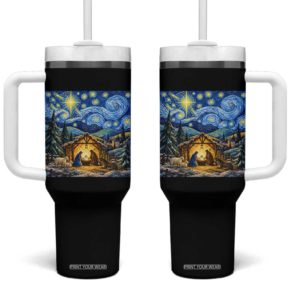 Christmas Nativity Scene Starry Night Catholic Christian Bethlehem Star Tumbler With Handle