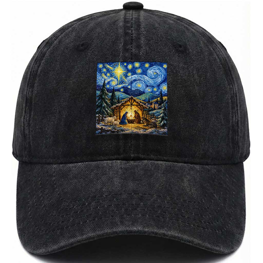 Christmas Nativity Scene Starry Night Catholic Christian Bethlehem Star Washed Cotton Baseball Cap