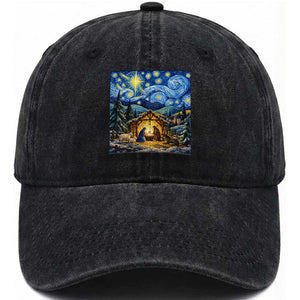 Christmas Nativity Scene Starry Night Catholic Christian Bethlehem Star Washed Cotton Baseball Cap