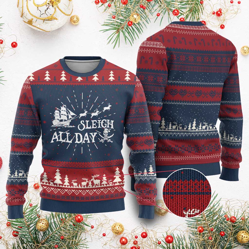 Funny Xmas Pirate Ugly Christmas Sweater Sleigh All Day Pirate Skull Ship TS11 Burgundy Print Your Wear