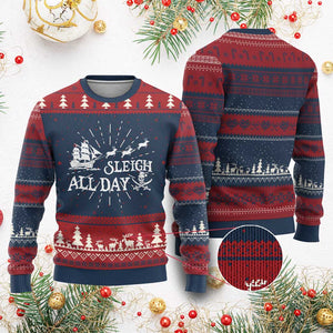 Funny Xmas Pirate Ugly Christmas Sweater Sleigh All Day Pirate Skull Ship TS11 Burgundy Print Your Wear
