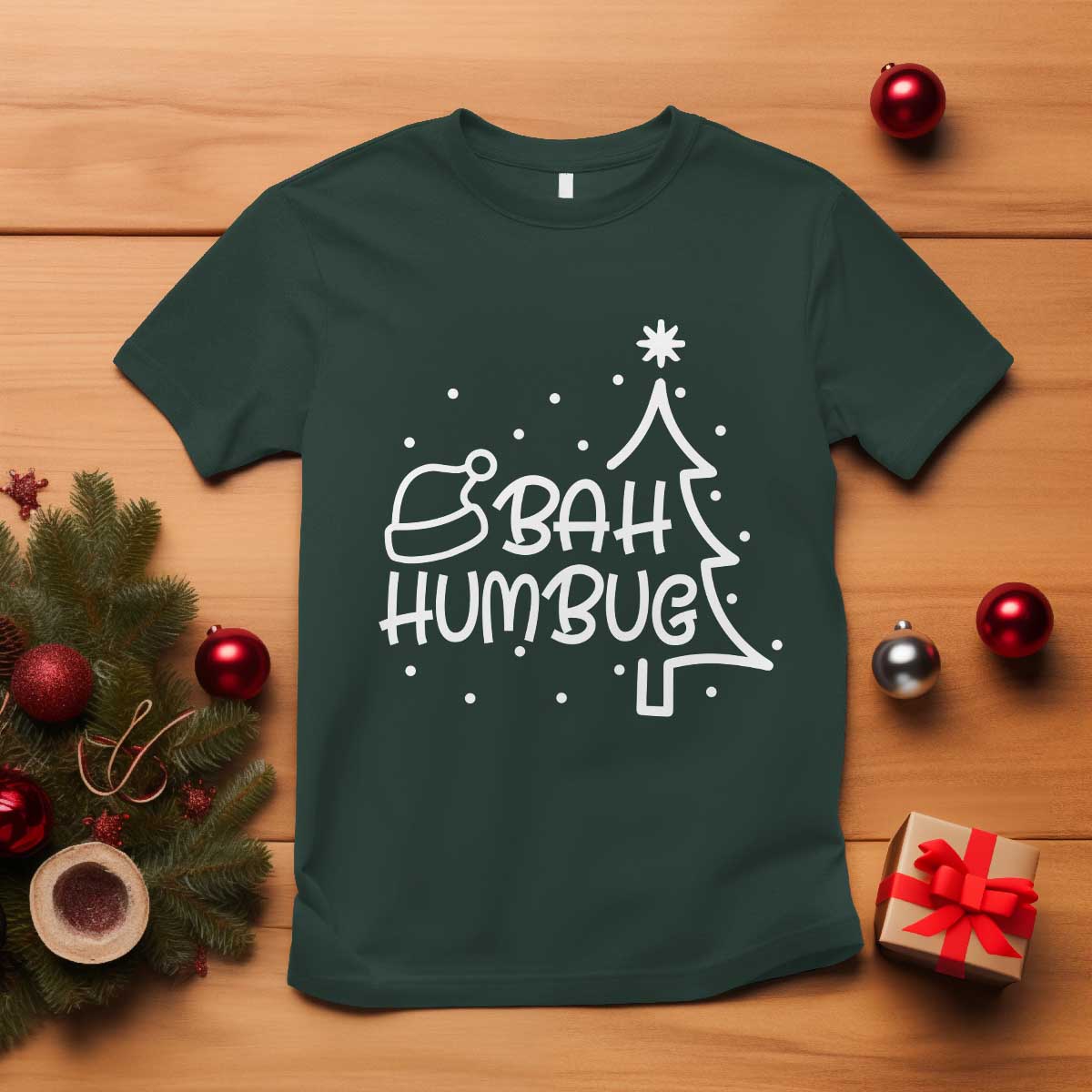 Funny Bah Humbug Christmas T Shirt Santa Hat Xmas Tree TS11 Dark Forest Green Print Your Wear