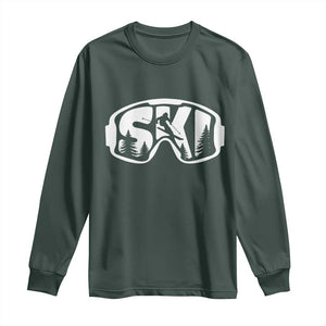 Funny Skiing Long Sleeve Shirt Ski Goggles Winter Sport Snow Mountain TS11 Dark Forest Green Print Your Wear