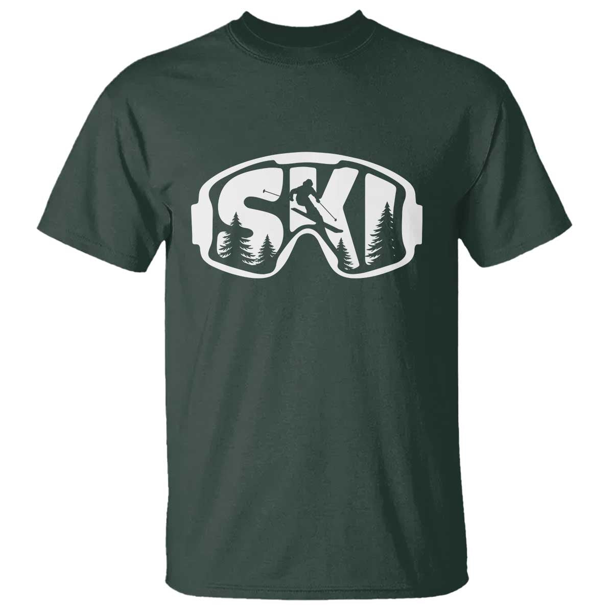 Funny Skiing T Shirt Ski Goggles Winter Sport Snow Mountain TS11 Dark Forest Green Print Your Wear