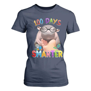 Funny Moo Deng 100 Days Smarter T Shirt For Women Teachers Students 100th Day Of School TS11 Navy Print Your Wear