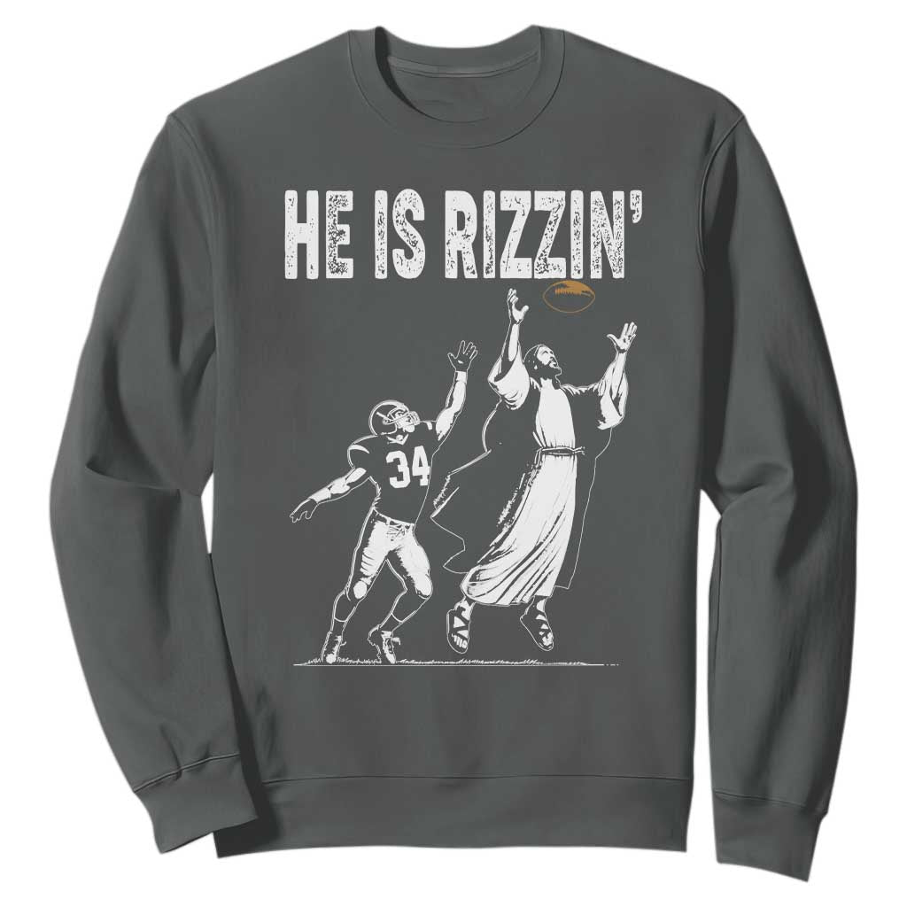 Funny Jesus American Football He Is Rizzin' Sweatshirt TS11 Dark Heather Print Your Wear