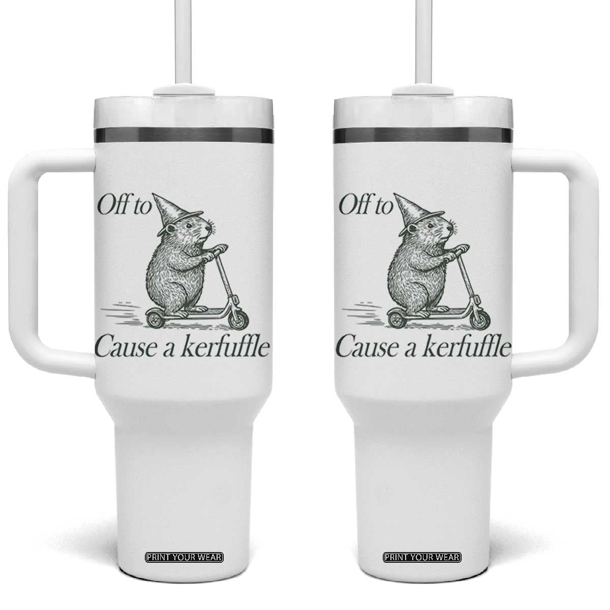 Off To Cause A Kerfuffle Tumbler With Handle Funny Groundhog Scooter Chaos TS11 One Size: 40 oz White Print Your Wear