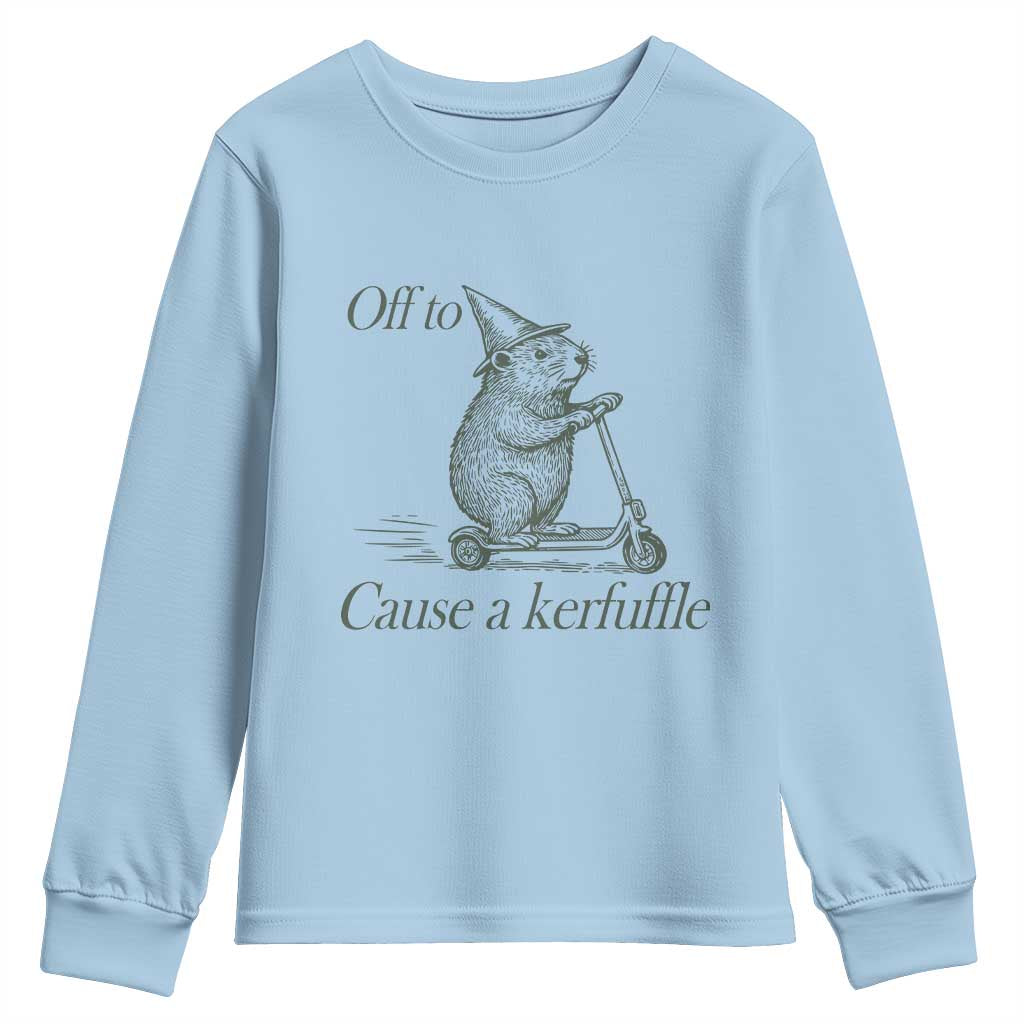 Off To Cause A Kerfuffle Youth Sweatshirt Funny Groundhog Scooter Chaos TS11 Light Blue Print Your Wear