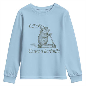 Off To Cause A Kerfuffle Youth Sweatshirt Funny Groundhog Scooter Chaos TS11 Light Blue Print Your Wear