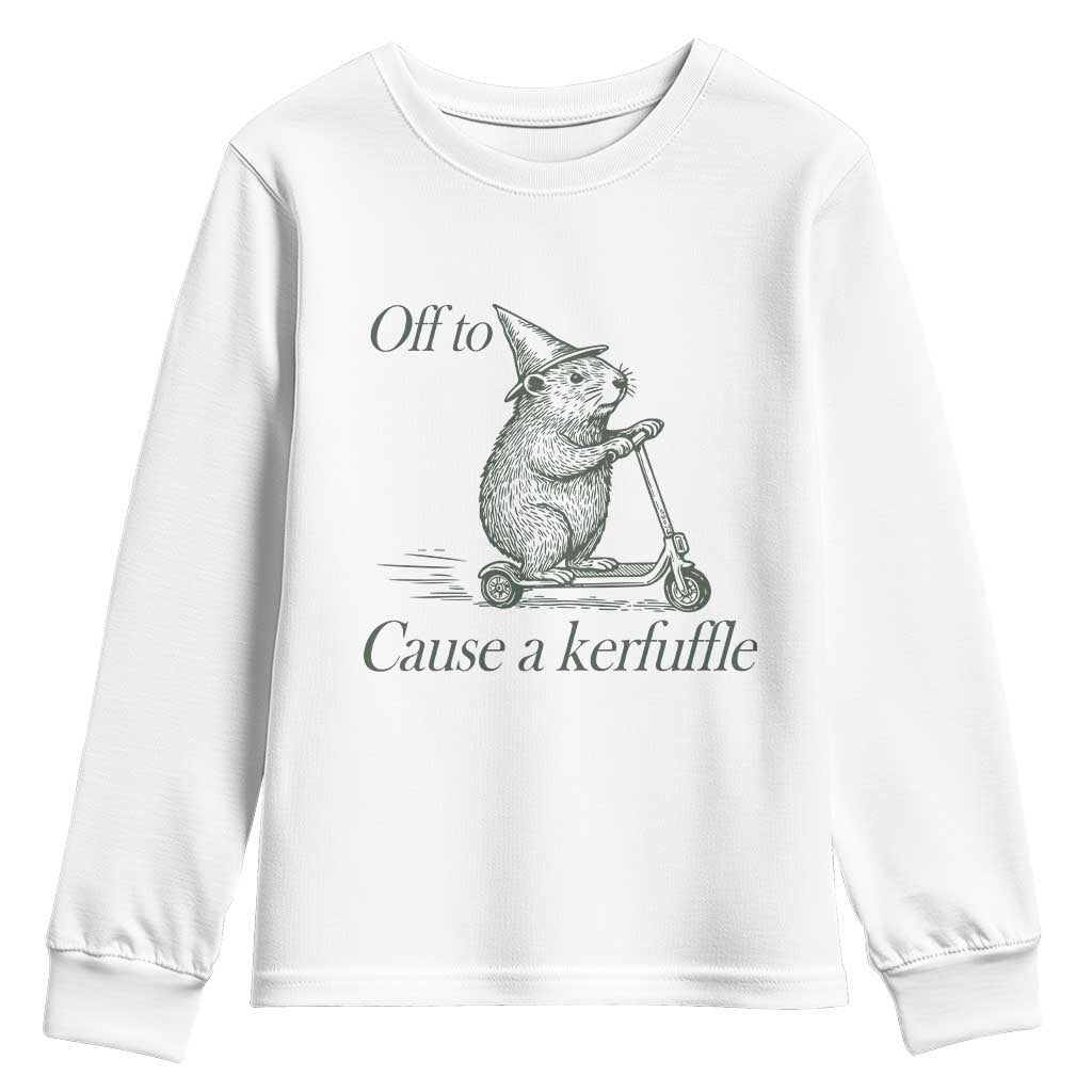 Off To Cause A Kerfuffle Youth Sweatshirt Funny Groundhog Scooter Chaos TS11 White Print Your Wear