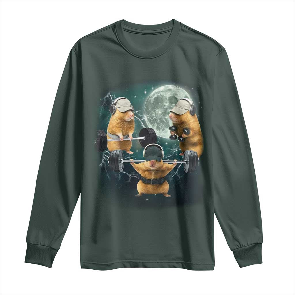 Funny Three Hamster Deadlift Gym Rat Moon Training Weightlifting Meme Long Sleeve Shirt TS11 Dark Forest Green Print Your Wear