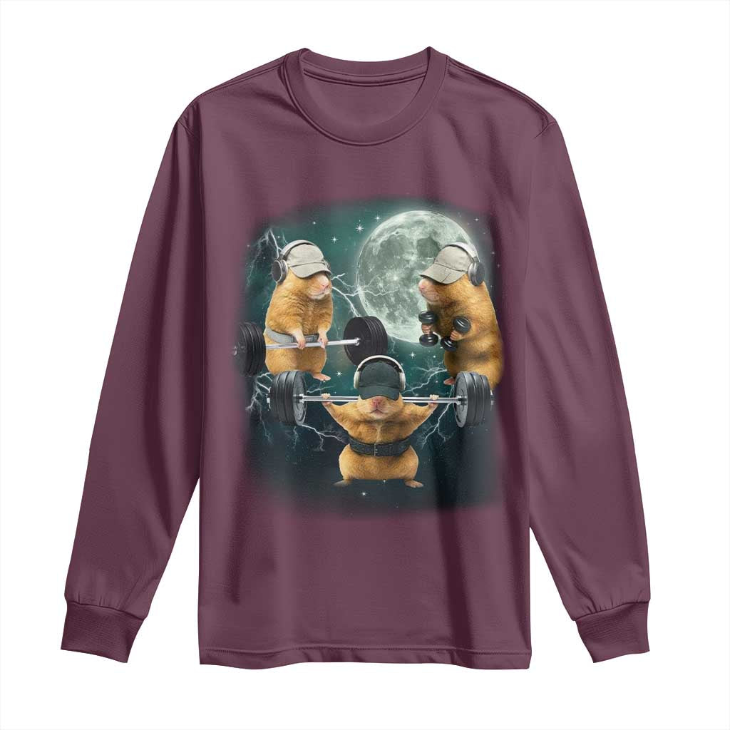 Funny Three Hamster Deadlift Gym Rat Moon Training Weightlifting Meme Long Sleeve Shirt TS11 Maroon Print Your Wear