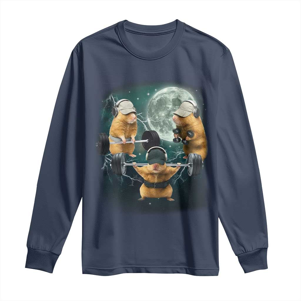 Funny Three Hamster Deadlift Gym Rat Moon Training Weightlifting Meme Long Sleeve Shirt TS11 Navy Print Your Wear