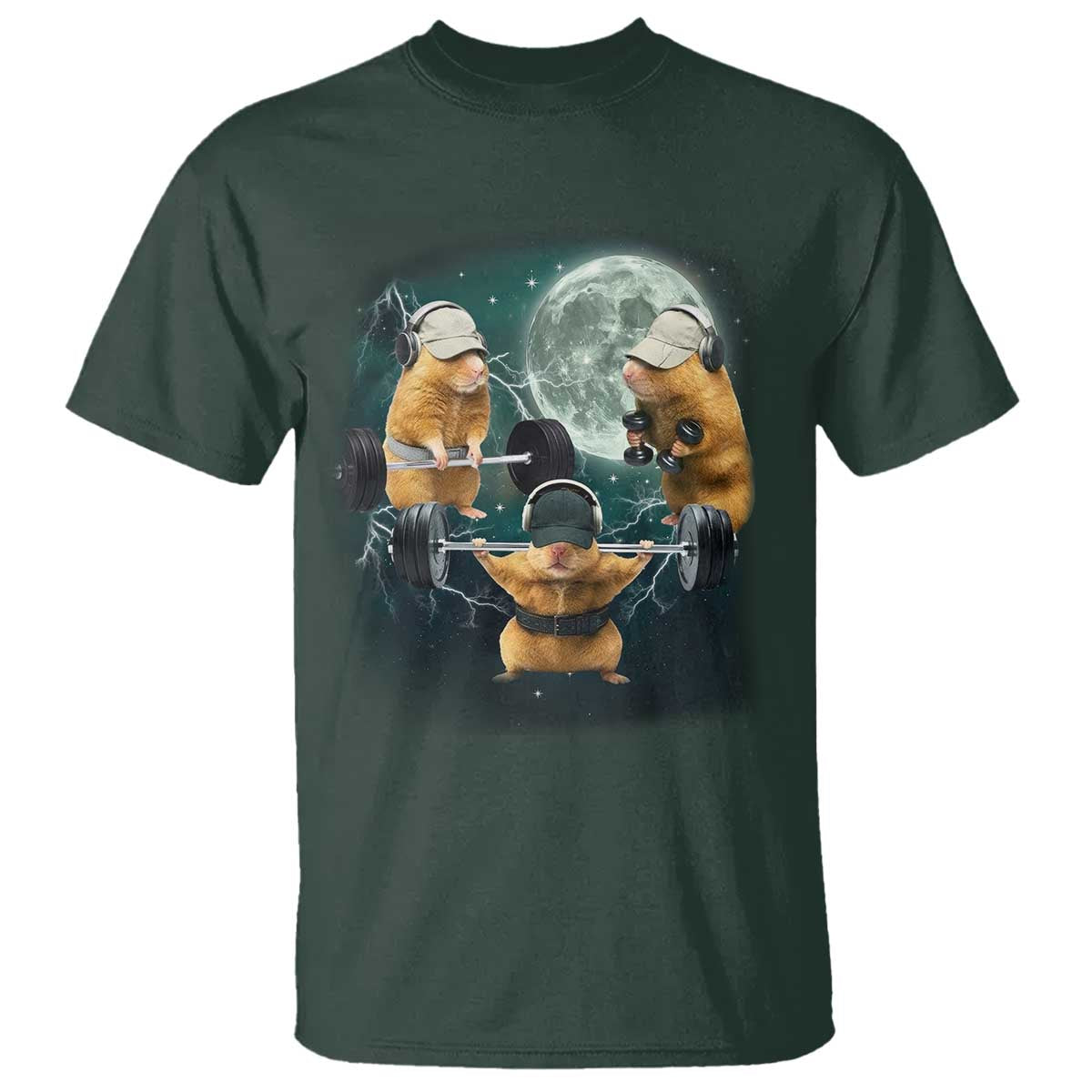 Funny Three Hamster Deadlift Gym Rat Moon Training Weightlifting Meme T Shirt TS11 Dark Forest Green Print Your Wear