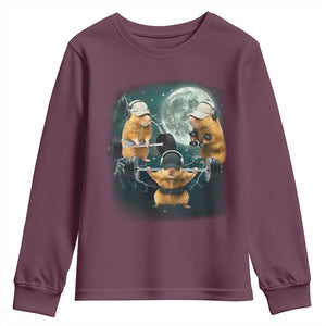 Funny Three Hamster Deadlift Gym Rat Moon Training Weightlifting Meme Youth Sweatshirt TS11 Maroon Print Your Wear