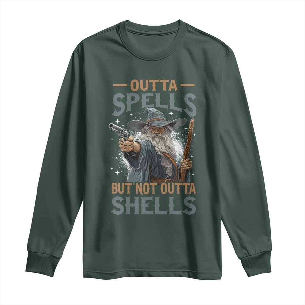 Outta Spells But Not Outta Shells Long Sleeve Shirt Funny Fantasy Meme TS11 Dark Forest Green Print Your Wear