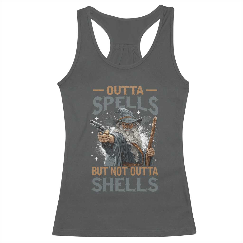 Outta Spells But Not Outta Shells Racerback Tank Top Funny Fantasy Meme TS11 Dark Heather Print Your Wear