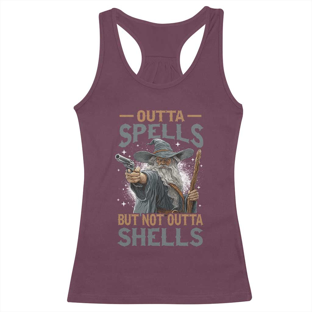 Outta Spells But Not Outta Shells Racerback Tank Top Funny Fantasy Meme TS11 Maroon Print Your Wear