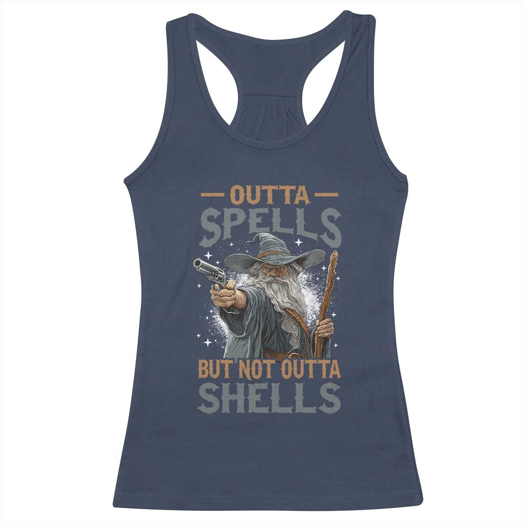 Outta Spells But Not Outta Shells Racerback Tank Top Funny Fantasy Meme TS11 Navy Print Your Wear