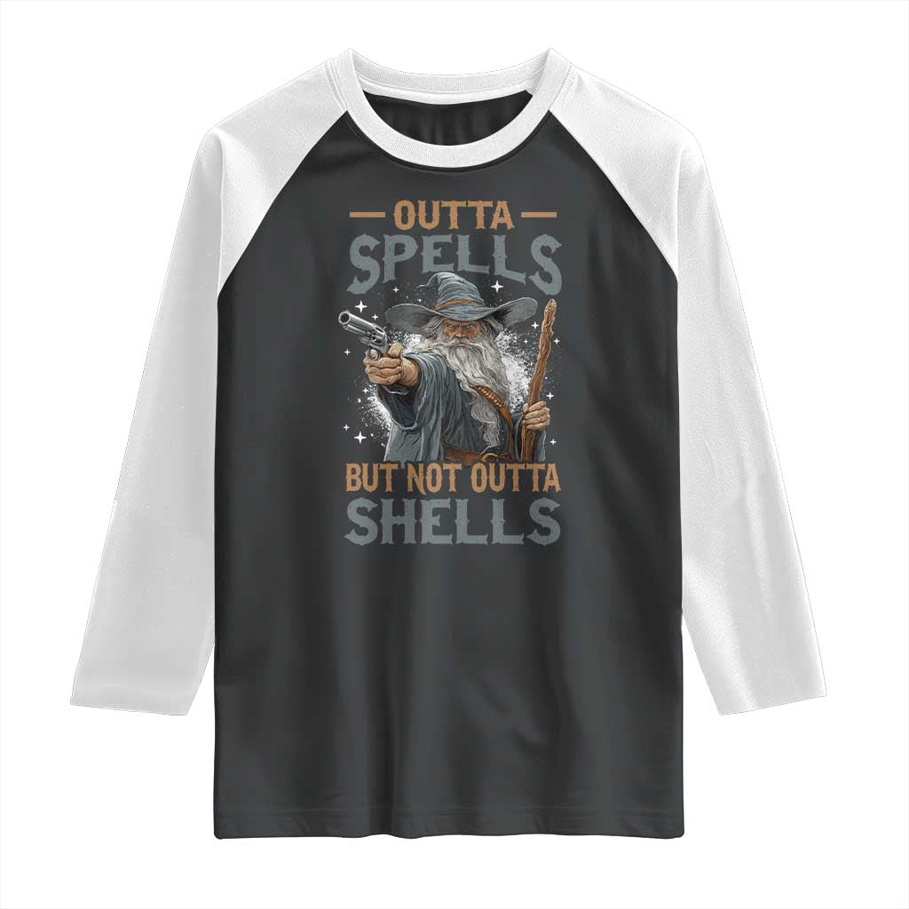 Outta Spells But Not Outta Shells Raglan Shirt Funny Fantasy Meme TS11 Black White Print Your Wear